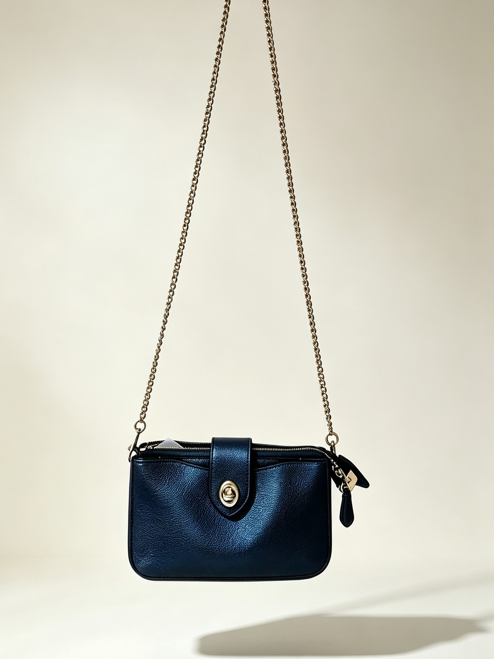 Coach Turnlock Chain Crossbody, Pearl Sapphire Blue Pebbled Leather